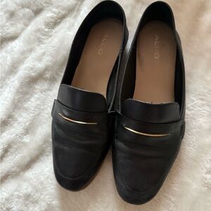 ALDO Black Leather Loafers with Gold Accent Bar